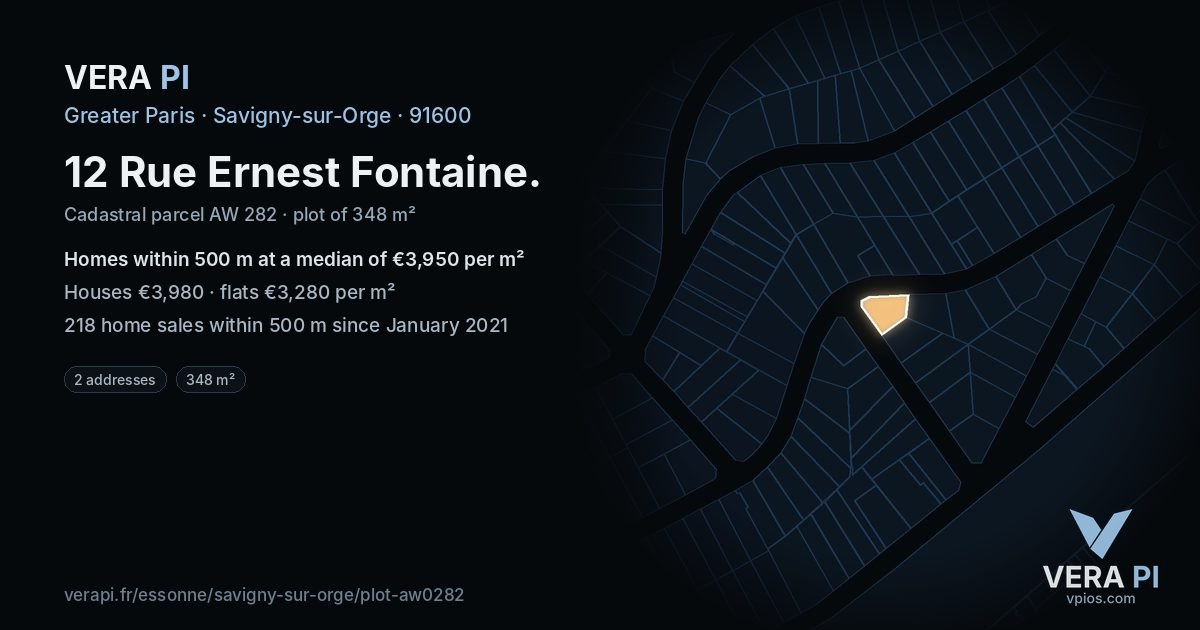 12 Rue Ernest Fontaine, Savigny-sur-Orge at night – the plot lit, the parcels around coloured by the prices near them