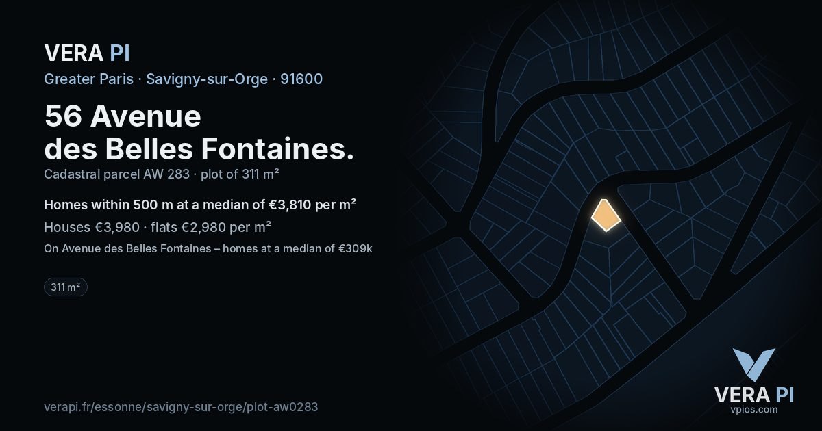 56 Avenue des Belles Fontaines, Savigny-sur-Orge at night – the plot lit, the parcels around coloured by the prices near them