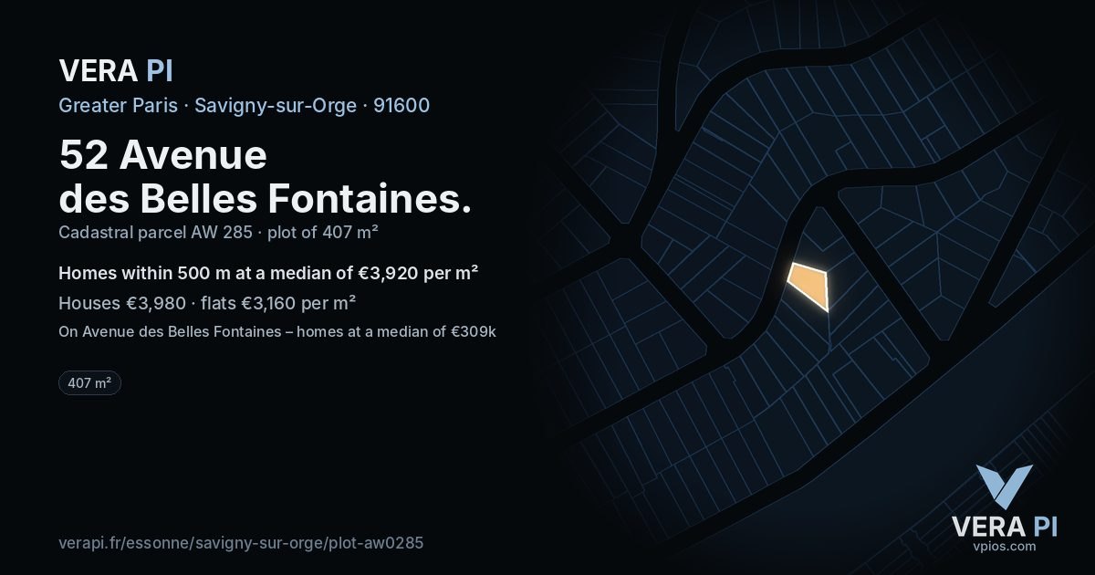 52 Avenue des Belles Fontaines, Savigny-sur-Orge at night – the plot lit, the parcels around coloured by the prices near them