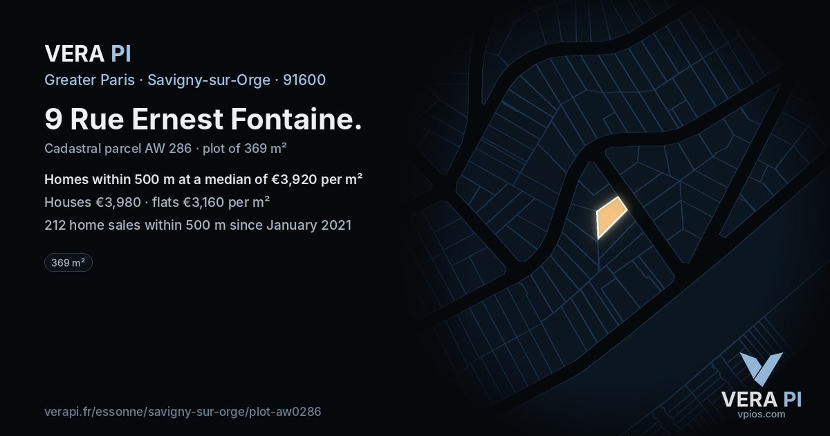 9 Rue Ernest Fontaine, Savigny-sur-Orge at night – the plot lit, the parcels around coloured by the prices near them