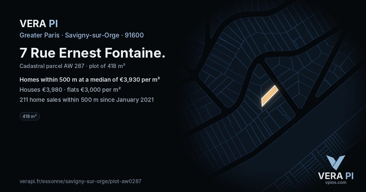7 Rue Ernest Fontaine, Savigny-sur-Orge at night – the plot lit, the parcels around coloured by the prices near them