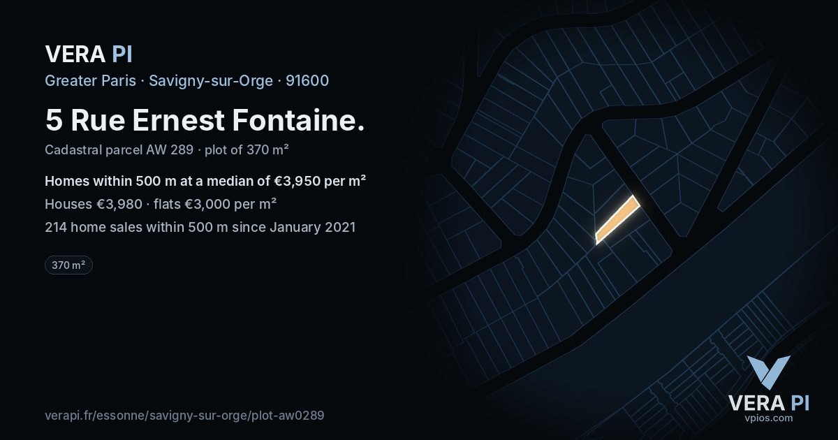5 Rue Ernest Fontaine, Savigny-sur-Orge at night – the plot lit, the parcels around coloured by the prices near them