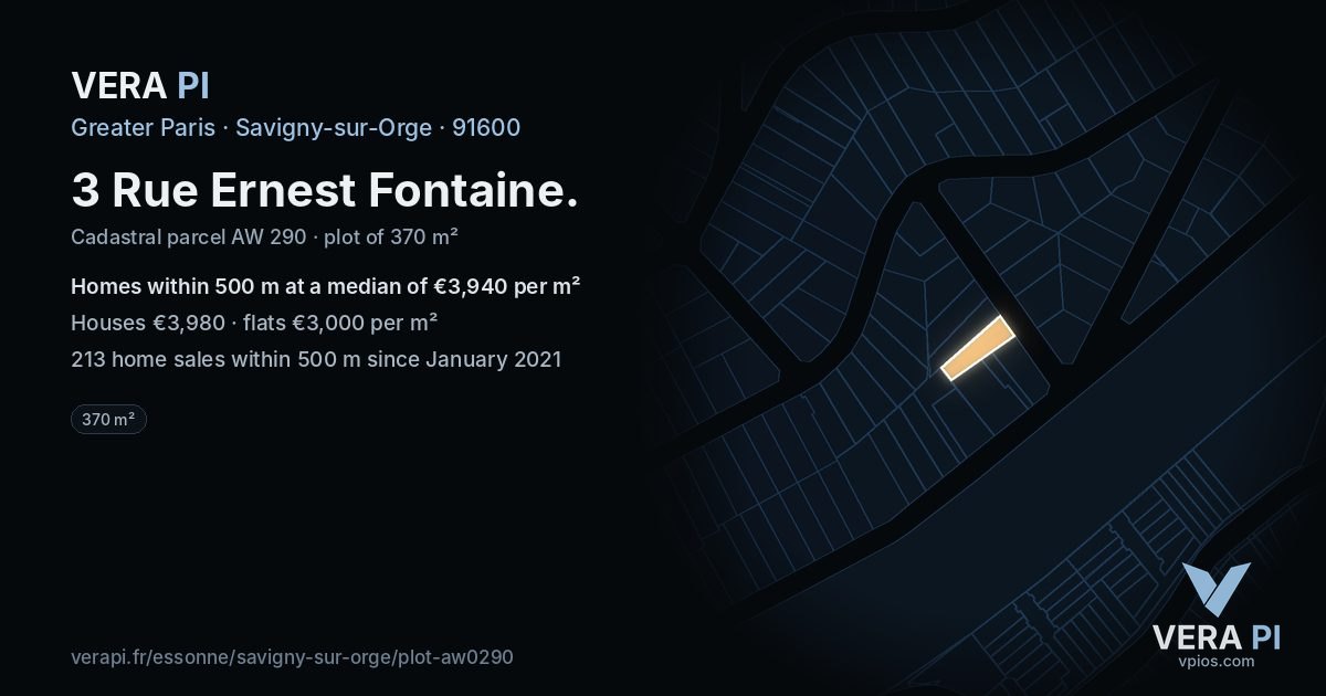 3 Rue Ernest Fontaine, Savigny-sur-Orge at night – the plot lit, the parcels around coloured by the prices near them