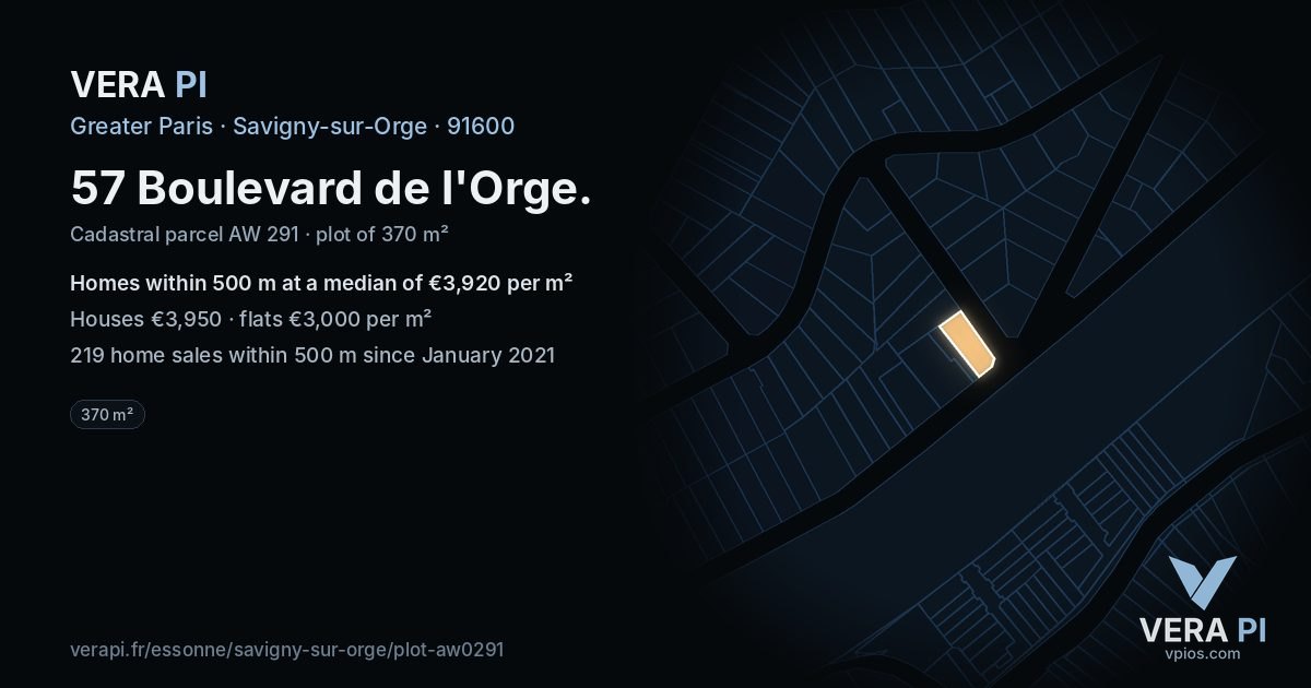 57 Boulevard de l'Orge, Savigny-sur-Orge at night – the plot lit, the parcels around coloured by the prices near them