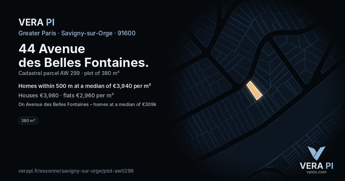44 Avenue des Belles Fontaines, Savigny-sur-Orge at night – the plot lit, the parcels around coloured by the prices near them