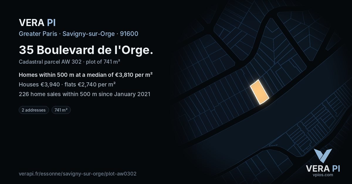 35 Boulevard de l'Orge, Savigny-sur-Orge at night – the plot lit, the parcels around coloured by the prices near them