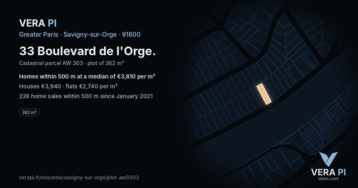 33 Boulevard de l'Orge, Savigny-sur-Orge at night – the plot lit, the parcels around coloured by the prices near them