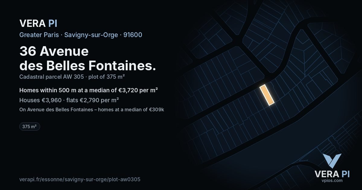 36 Avenue des Belles Fontaines, Savigny-sur-Orge at night – the plot lit, the parcels around coloured by the prices near them
