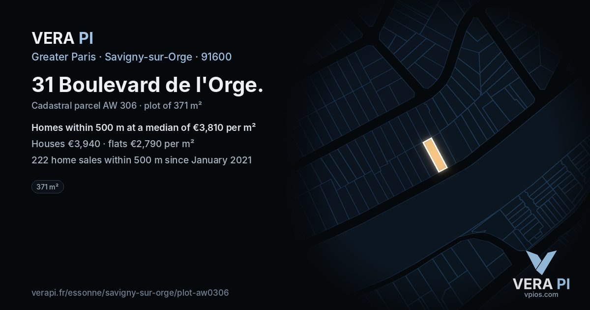31 Boulevard de l'Orge, Savigny-sur-Orge at night – the plot lit, the parcels around coloured by the prices near them