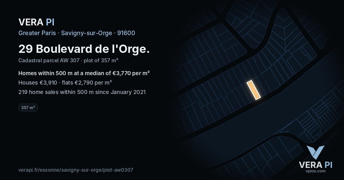 29 Boulevard de l'Orge, Savigny-sur-Orge at night – the plot lit, the parcels around coloured by the prices near them