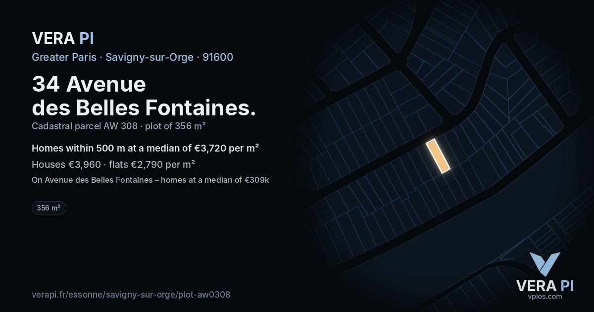 34 Avenue des Belles Fontaines, Savigny-sur-Orge at night – the plot lit, the parcels around coloured by the prices near them