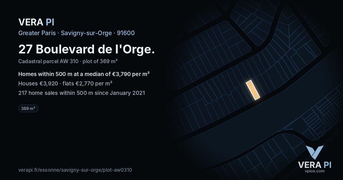 27 Boulevard de l'Orge, Savigny-sur-Orge at night – the plot lit, the parcels around coloured by the prices near them