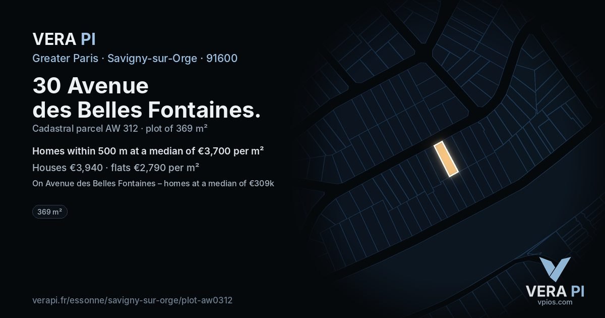 30 Avenue des Belles Fontaines, Savigny-sur-Orge at night – the plot lit, the parcels around coloured by the prices near them