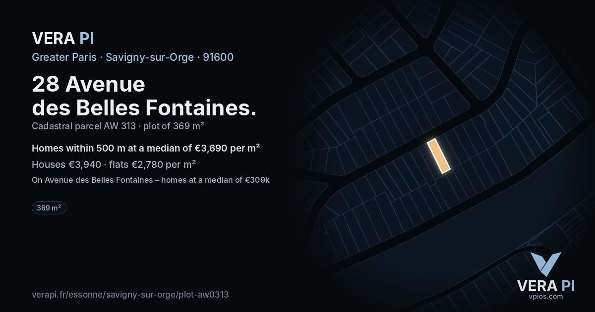 28 Avenue des Belles Fontaines, Savigny-sur-Orge at night – the plot lit, the parcels around coloured by the prices near them