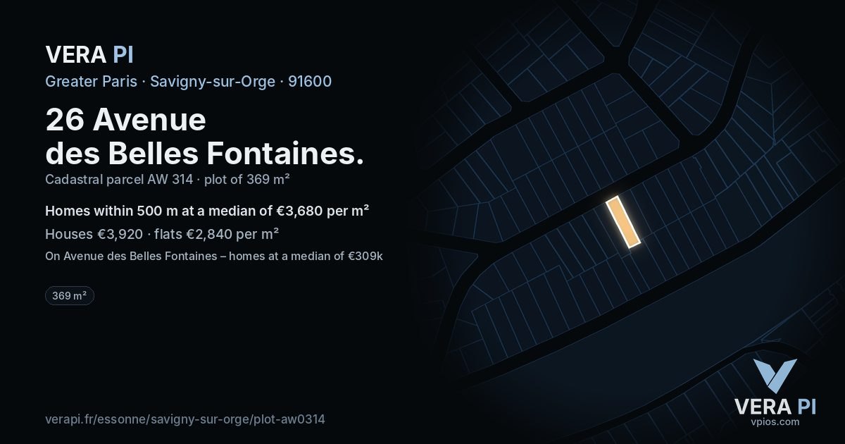 26 Avenue des Belles Fontaines, Savigny-sur-Orge at night – the plot lit, the parcels around coloured by the prices near them