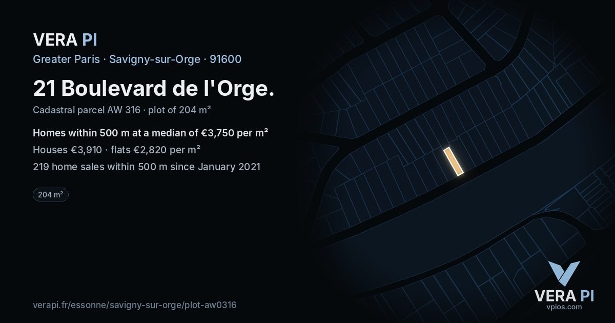 21 Boulevard de l'Orge, Savigny-sur-Orge at night – the plot lit, the parcels around coloured by the prices near them