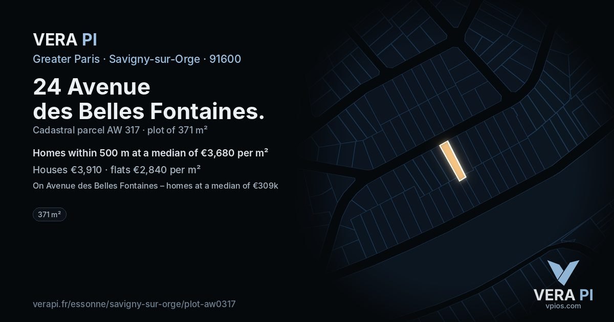 24 Avenue des Belles Fontaines, Savigny-sur-Orge at night – the plot lit, the parcels around coloured by the prices near them