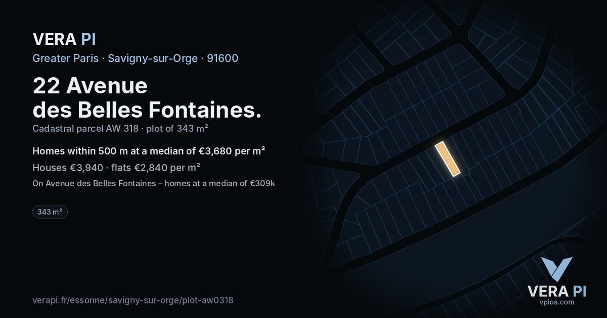 22 Avenue des Belles Fontaines, Savigny-sur-Orge at night – the plot lit, the parcels around coloured by the prices near them