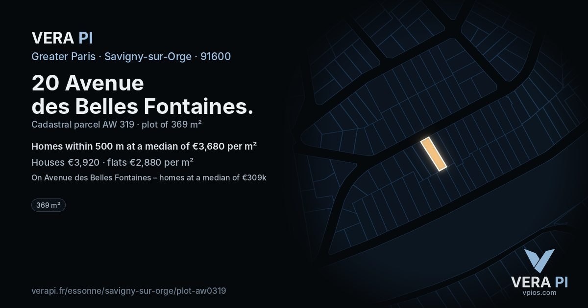 20 Avenue des Belles Fontaines, Savigny-sur-Orge at night – the plot lit, the parcels around coloured by the prices near them