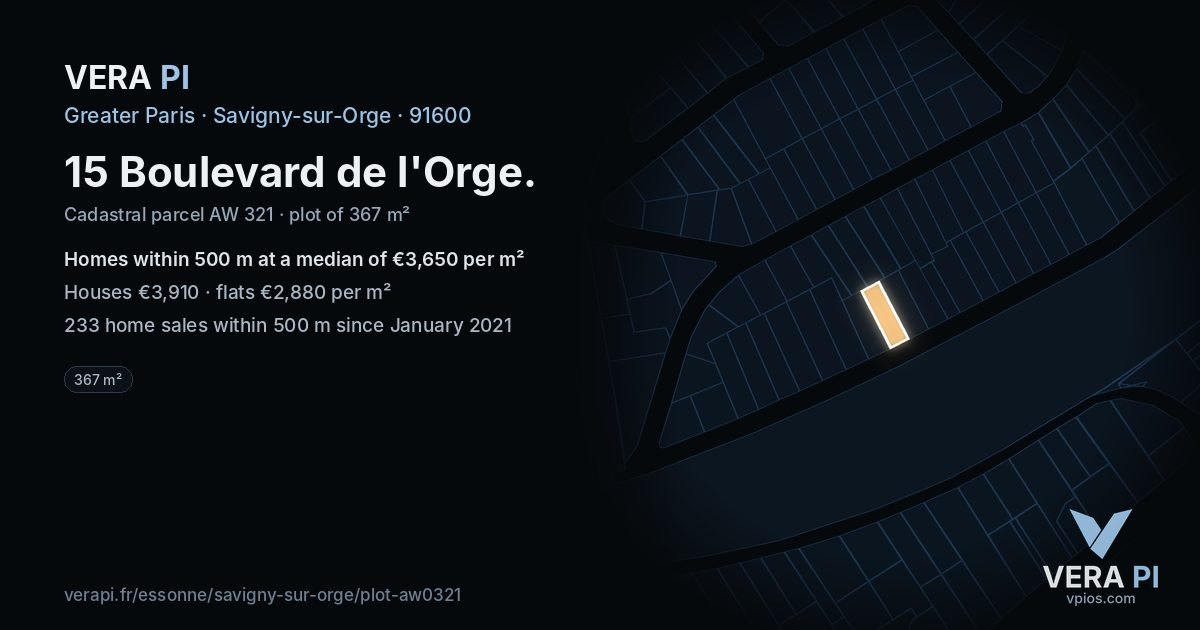 15 Boulevard de l'Orge, Savigny-sur-Orge at night – the plot lit, the parcels around coloured by the prices near them