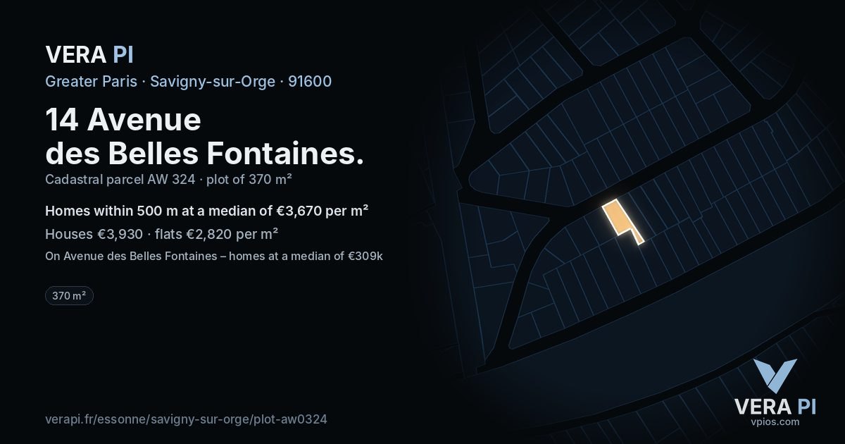14 Avenue des Belles Fontaines, Savigny-sur-Orge at night – the plot lit, the parcels around coloured by the prices near them