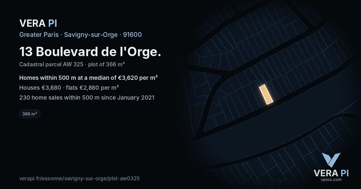 13 Boulevard de l'Orge, Savigny-sur-Orge at night – the plot lit, the parcels around coloured by the prices near them