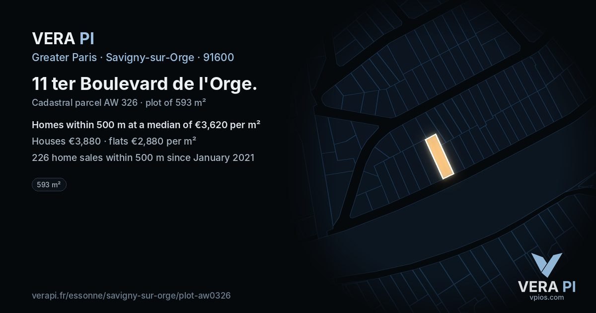 11 ter Boulevard de l'Orge, Savigny-sur-Orge at night – the plot lit, the parcels around coloured by the prices near them