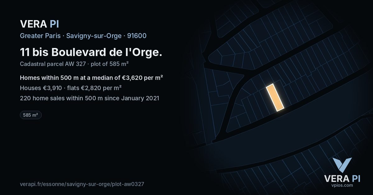 11 bis Boulevard de l'Orge, Savigny-sur-Orge at night – the plot lit, the parcels around coloured by the prices near them