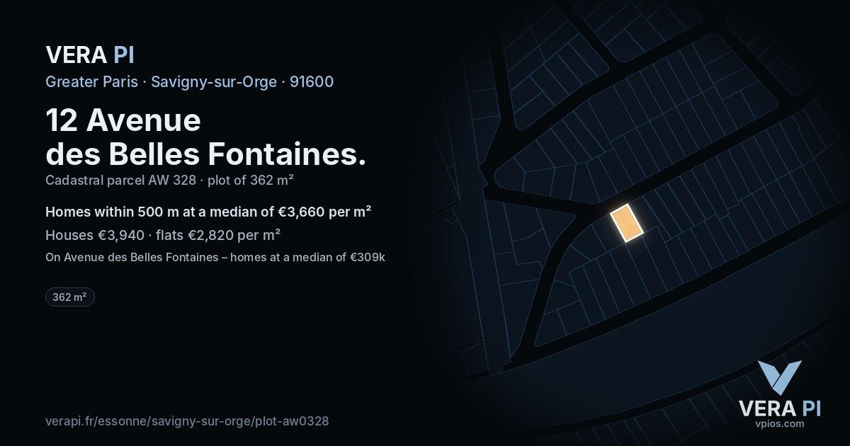 12 Avenue des Belles Fontaines, Savigny-sur-Orge at night – the plot lit, the parcels around coloured by the prices near them