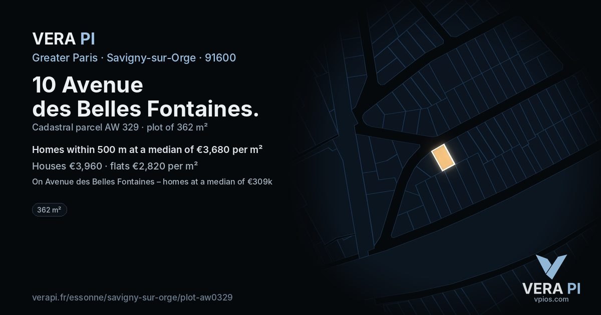 10 Avenue des Belles Fontaines, Savigny-sur-Orge at night – the plot lit, the parcels around coloured by the prices near them