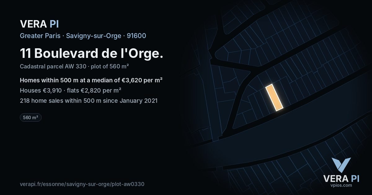 11 Boulevard de l'Orge, Savigny-sur-Orge at night – the plot lit, the parcels around coloured by the prices near them