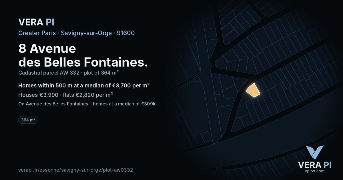 8 Avenue des Belles Fontaines, Savigny-sur-Orge at night – the plot lit, the parcels around coloured by the prices near them