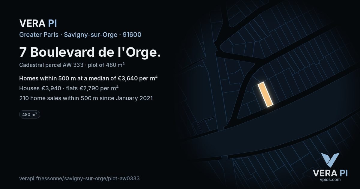 7 Boulevard de l'Orge, Savigny-sur-Orge at night – the plot lit, the parcels around coloured by the prices near them