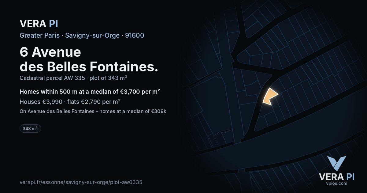6 Avenue des Belles Fontaines, Savigny-sur-Orge at night – the plot lit, the parcels around coloured by the prices near them