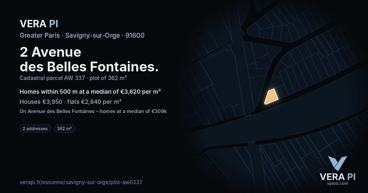 2 Avenue des Belles Fontaines, Savigny-sur-Orge at night – the plot lit, the parcels around coloured by the prices near them