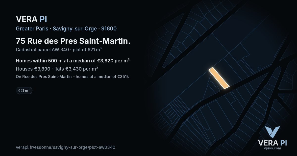 75 Rue des Pres Saint-Martin, Savigny-sur-Orge at night – the plot lit, the parcels around coloured by the prices near them