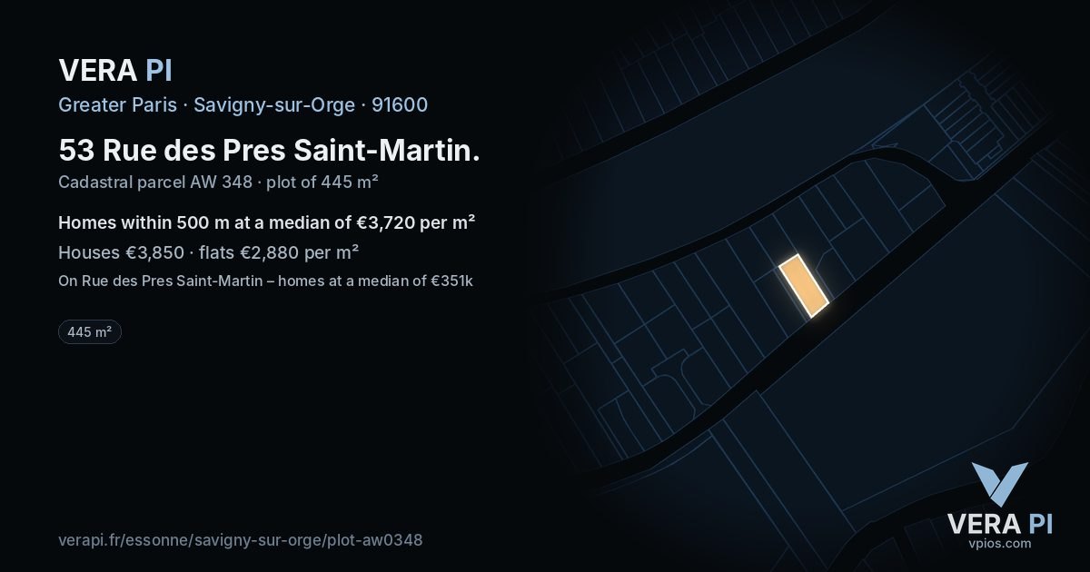 53 Rue des Pres Saint-Martin, Savigny-sur-Orge at night – the plot lit, the parcels around coloured by the prices near them