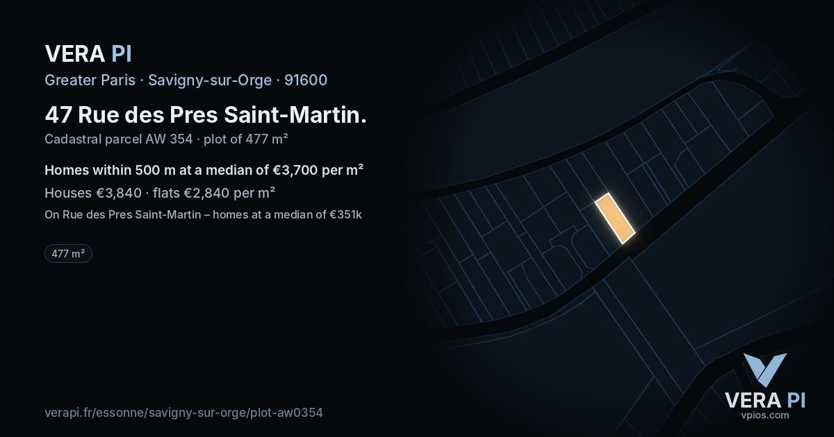 47 Rue des Pres Saint-Martin, Savigny-sur-Orge at night – the plot lit, the parcels around coloured by the prices near them