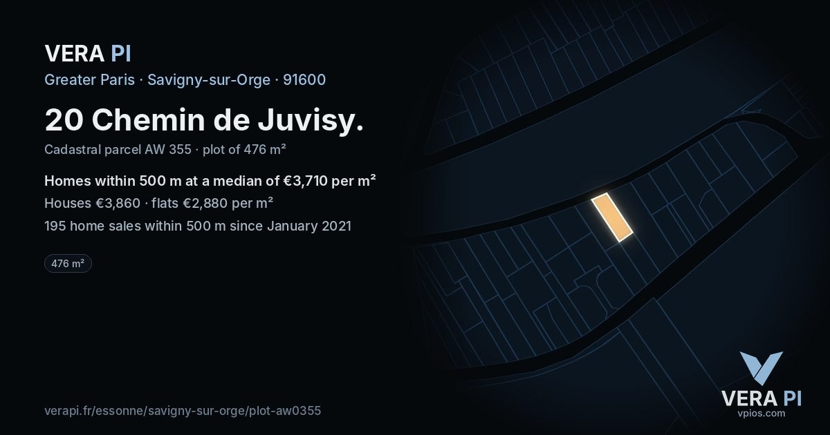 20 Chemin de Juvisy, Savigny-sur-Orge at night – the plot lit, the parcels around coloured by the prices near them