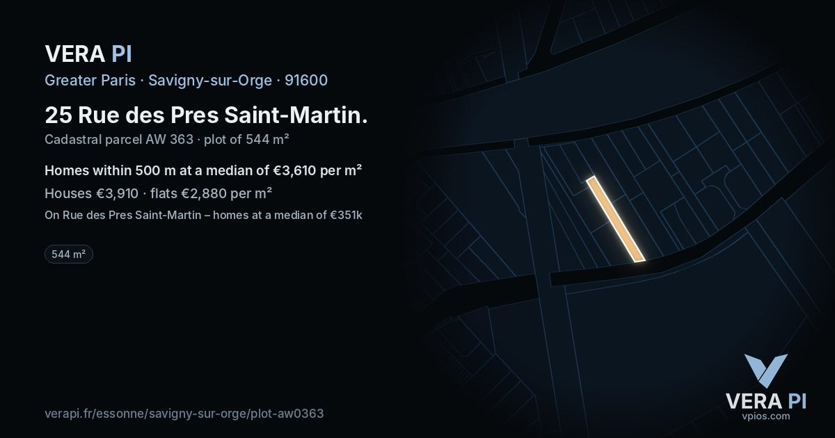 25 Rue des Pres Saint-Martin, Savigny-sur-Orge at night – the plot lit, the parcels around coloured by the prices near them
