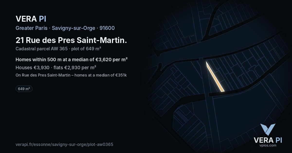 21 Rue des Pres Saint-Martin, Savigny-sur-Orge at night – the plot lit, the parcels around coloured by the prices near them