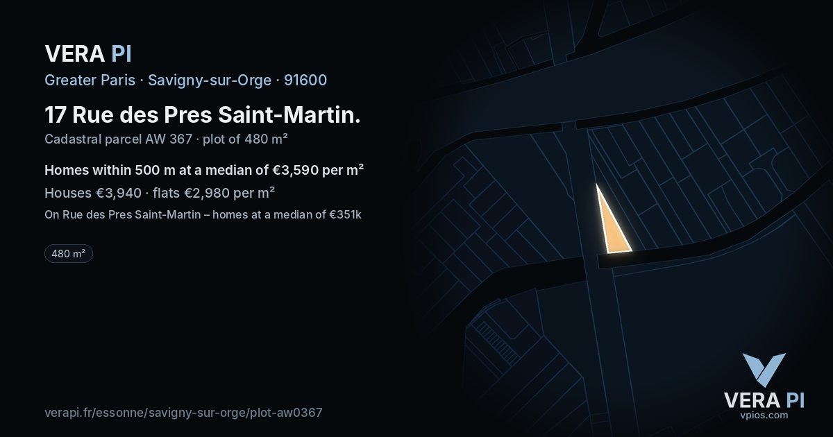 17 Rue des Pres Saint-Martin, Savigny-sur-Orge at night – the plot lit, the parcels around coloured by the prices near them
