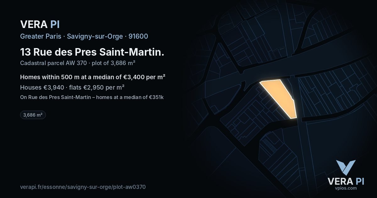 13 Rue des Pres Saint-Martin, Savigny-sur-Orge at night – the plot lit, the parcels around coloured by the prices near them