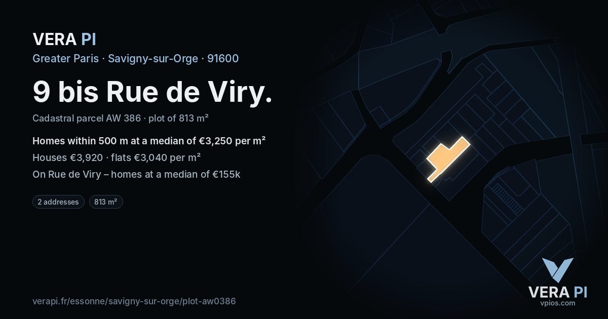 9 bis Rue de Viry, Savigny-sur-Orge at night – the plot lit, the parcels around coloured by the prices near them