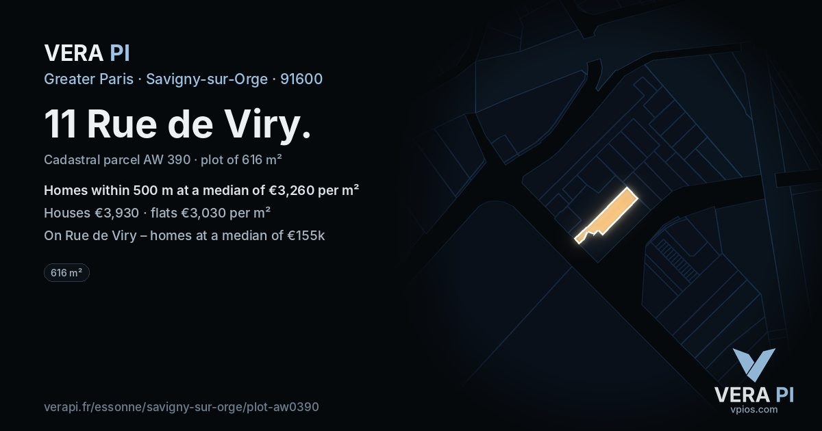 11 Rue de Viry, Savigny-sur-Orge at night – the plot lit, the parcels around coloured by the prices near them