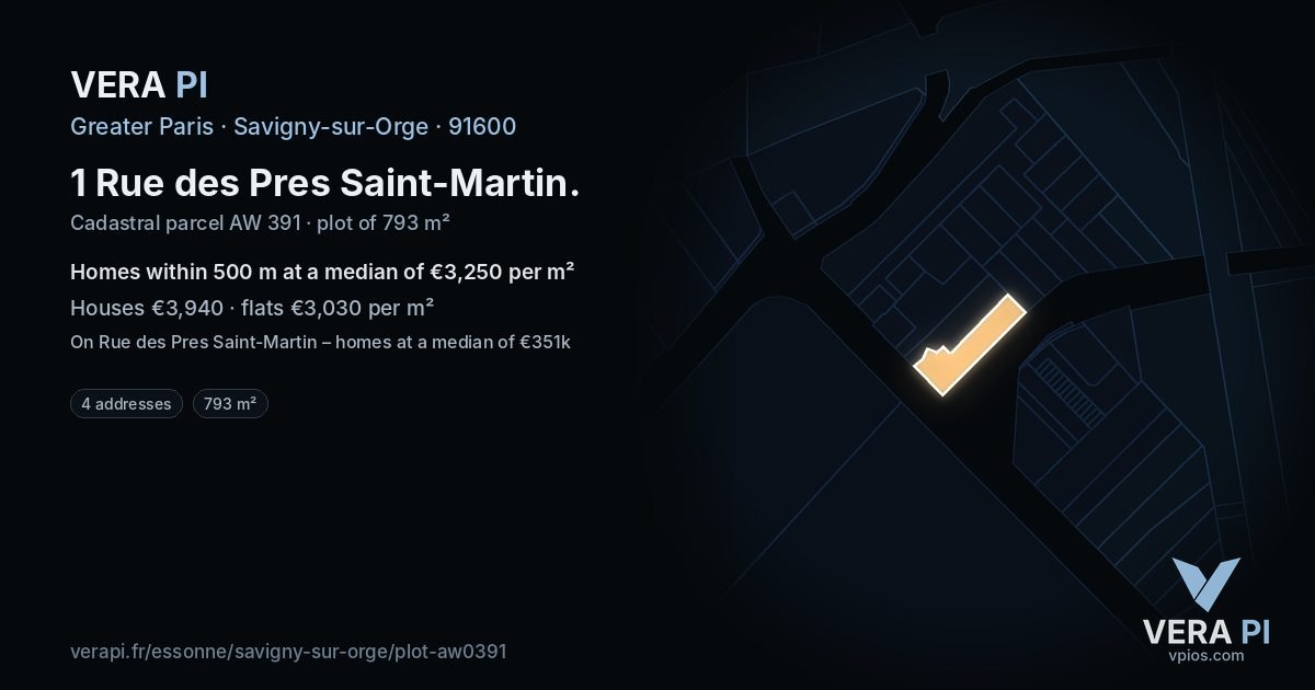 1 Rue des Pres Saint-Martin, Savigny-sur-Orge at night – the plot lit, the parcels around coloured by the prices near them