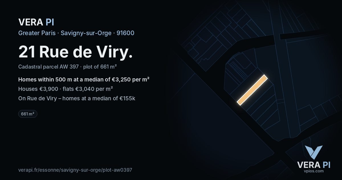 21 Rue de Viry, Savigny-sur-Orge at night – the plot lit, the parcels around coloured by the prices near them
