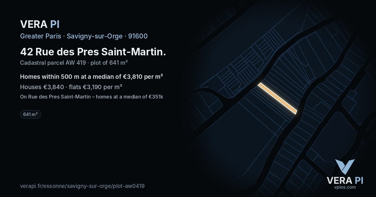 42 Rue des Pres Saint-Martin, Savigny-sur-Orge at night – the plot lit, the parcels around coloured by the prices near them