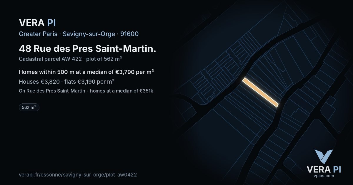 48 Rue des Pres Saint-Martin, Savigny-sur-Orge at night – the plot lit, the parcels around coloured by the prices near them