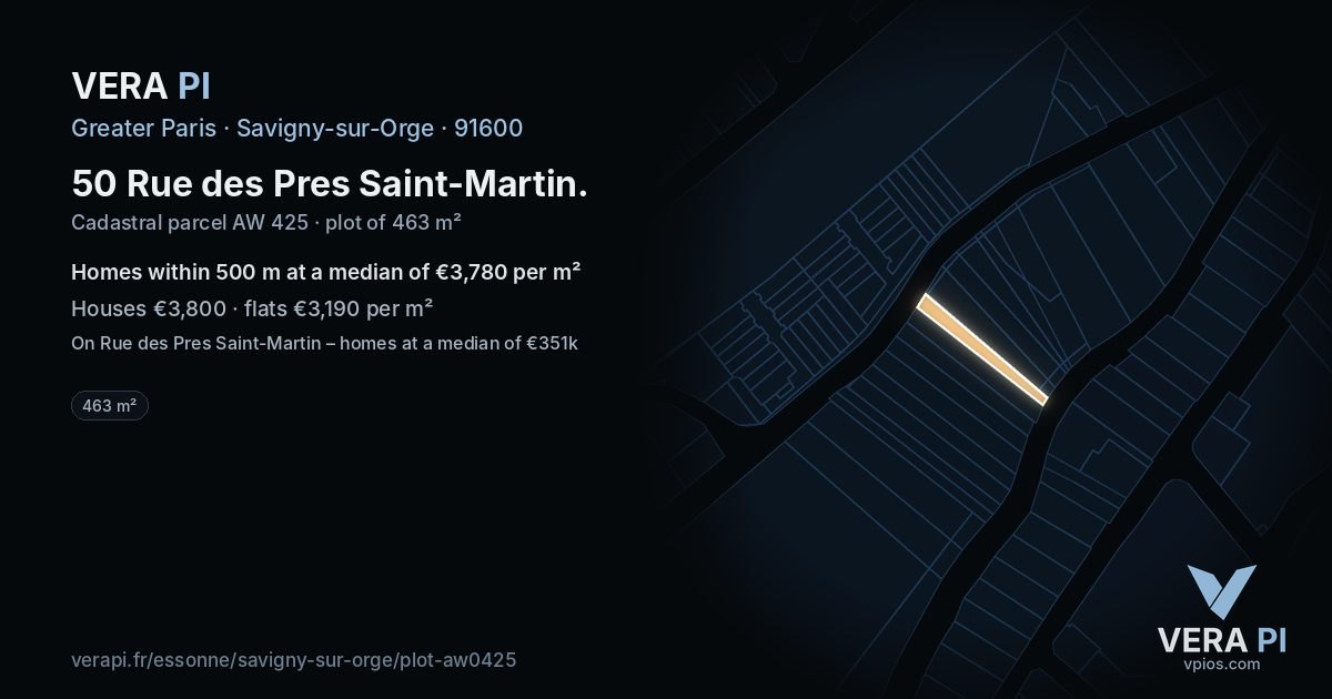 50 Rue des Pres Saint-Martin, Savigny-sur-Orge at night – the plot lit, the parcels around coloured by the prices near them
